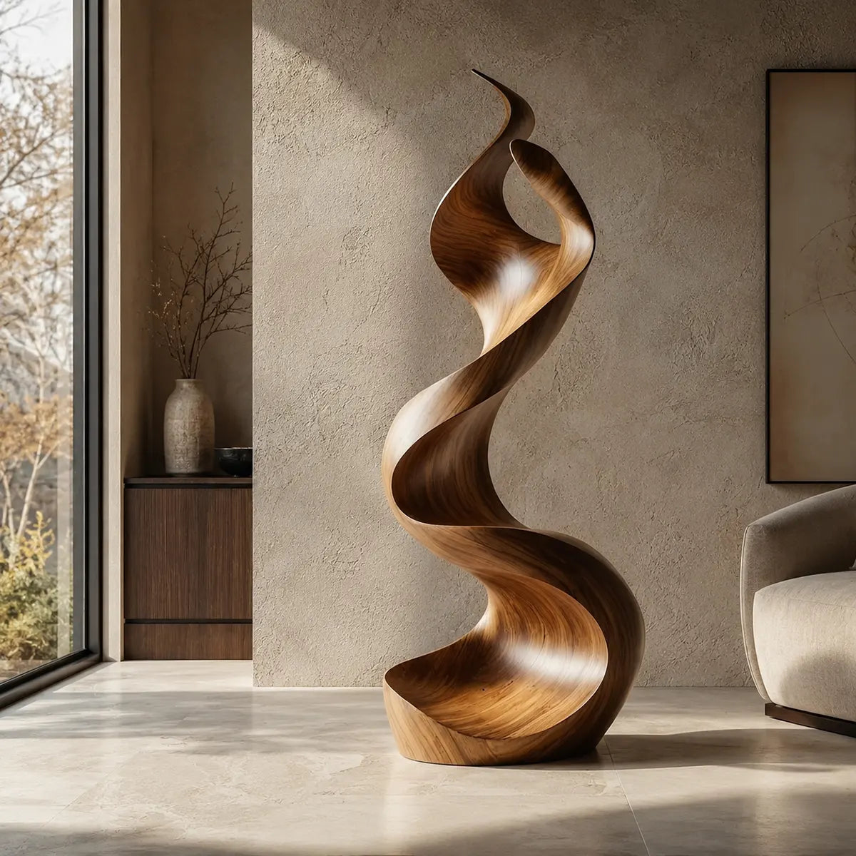 Handcrafted Solid Wood Ribbon Floor Sculpture – Modern Organic Statement Art TT006-2239