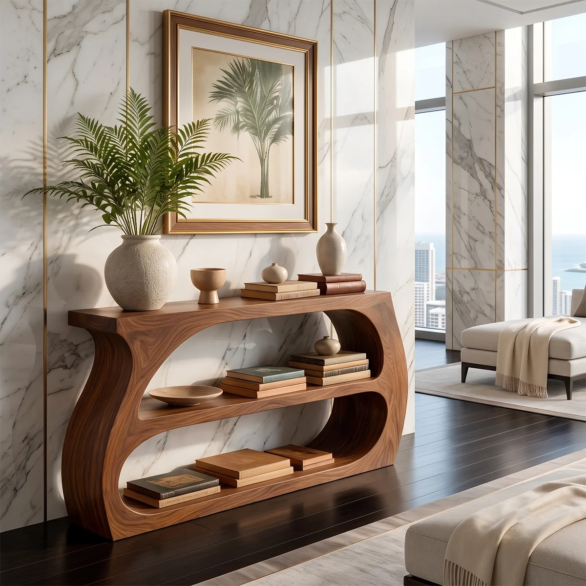 Modern Open Shelf Console Table – Sculptural Contemporary Entryway Table TT006-6550
