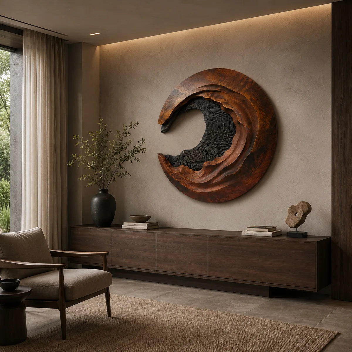 Abstract Wave Wood Wall Art | Large Round Sculptural Wooden Wall Decor TT006-1868