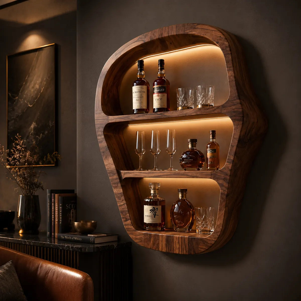 Sculptural Solid Wood Wall Wine Holder for Home Bars, Dining Rooms & Whiskey Lovers TT006-3455