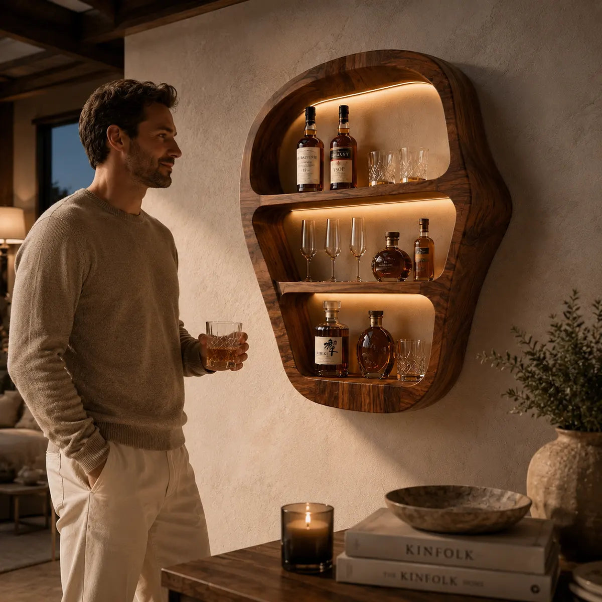 Sculptural Solid Wood Wall Wine Holder for Home Bars, Dining Rooms & Whiskey Lovers TT006-3455