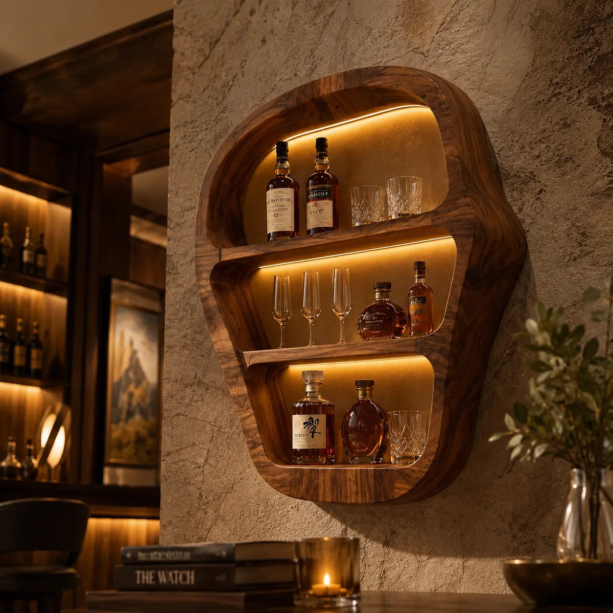 Sculptural Solid Wood Wall Wine Holder for Home Bars, Dining Rooms & Whiskey Lovers TT006-3455