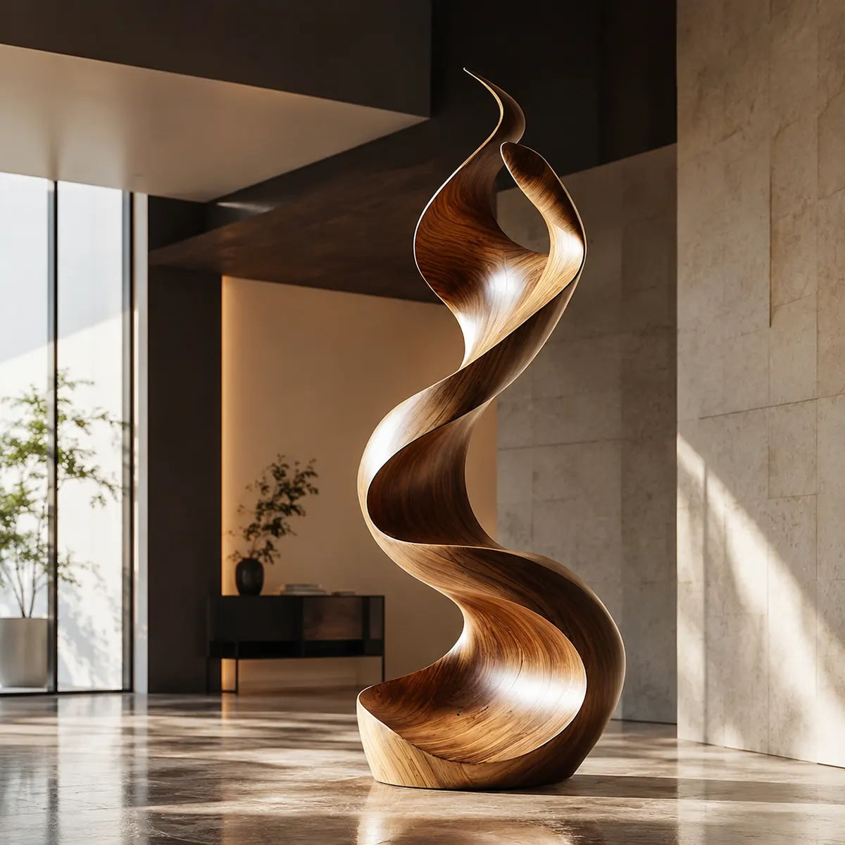 Handcrafted Solid Wood Ribbon Floor Sculpture – Modern Organic Statement Art TT006-2239