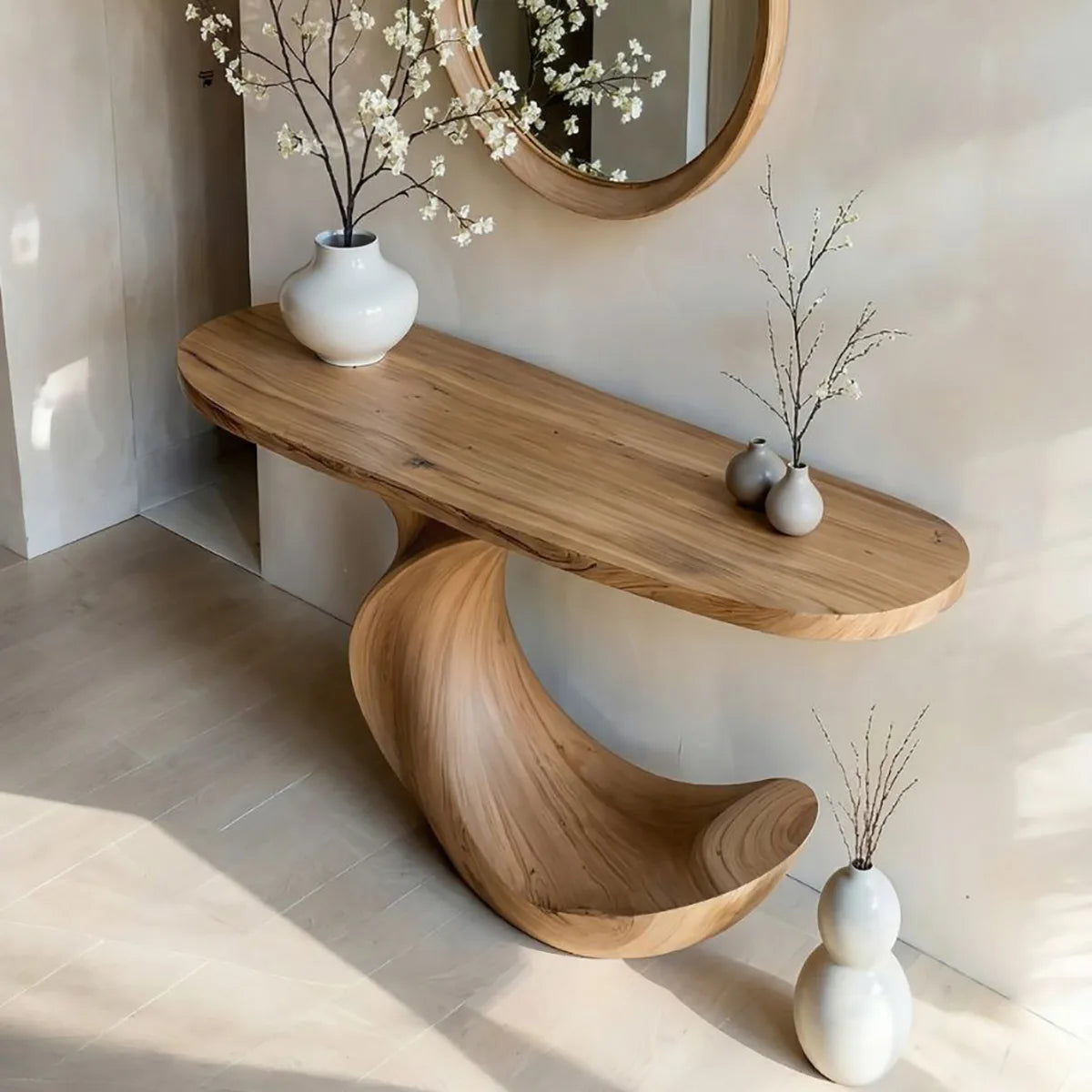 Sculptural Solid Wood Console Table with Flowing Wave Base