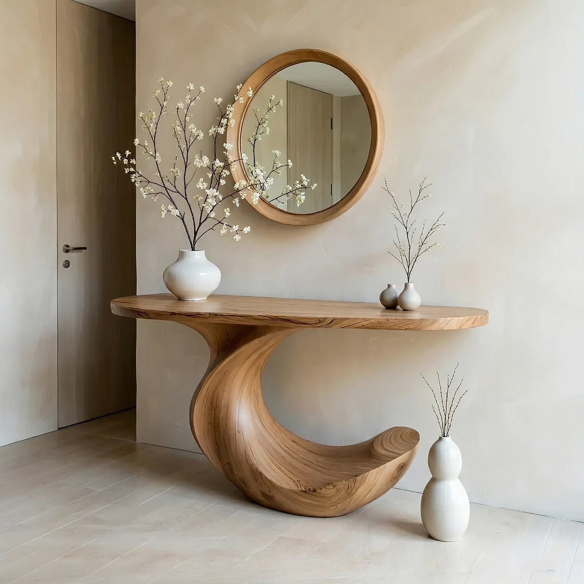 Sculptural Solid Wood Console Table with Flowing Wave Base