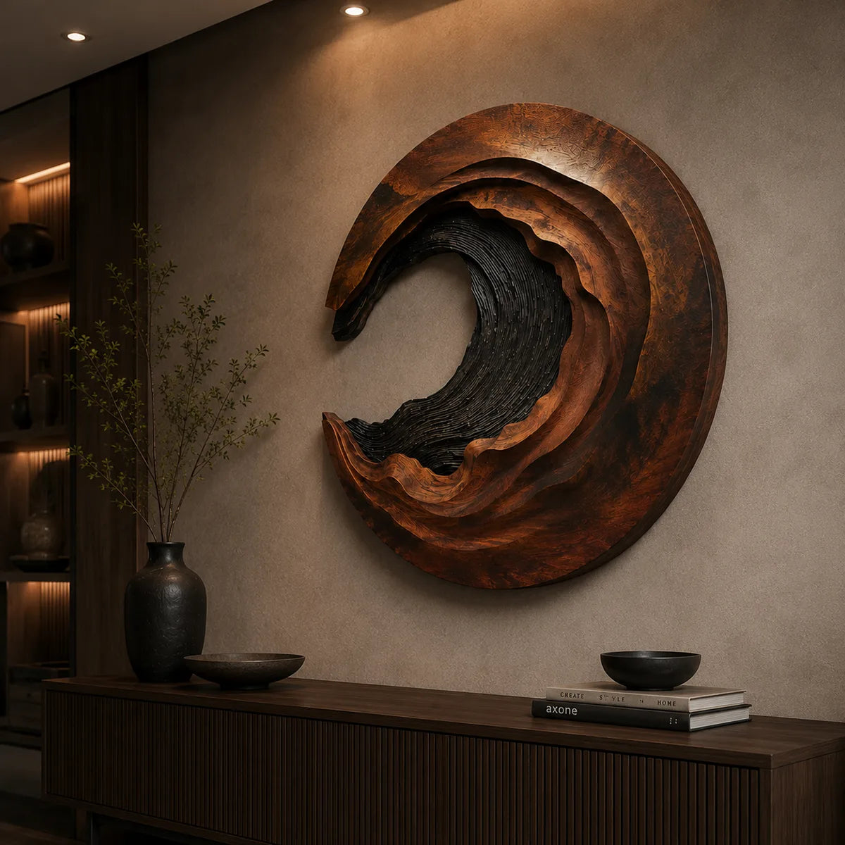 Abstract Wave Wood Wall Art | Large Round Sculptural Wooden Wall Decor TT006-1868