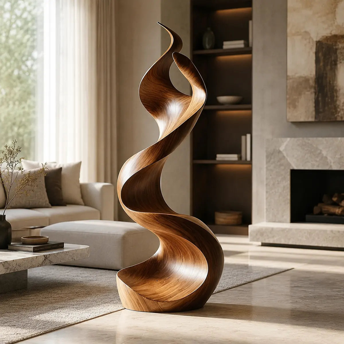 Handcrafted Solid Wood Ribbon Floor Sculpture – Modern Organic Statement Art TT006-2239
