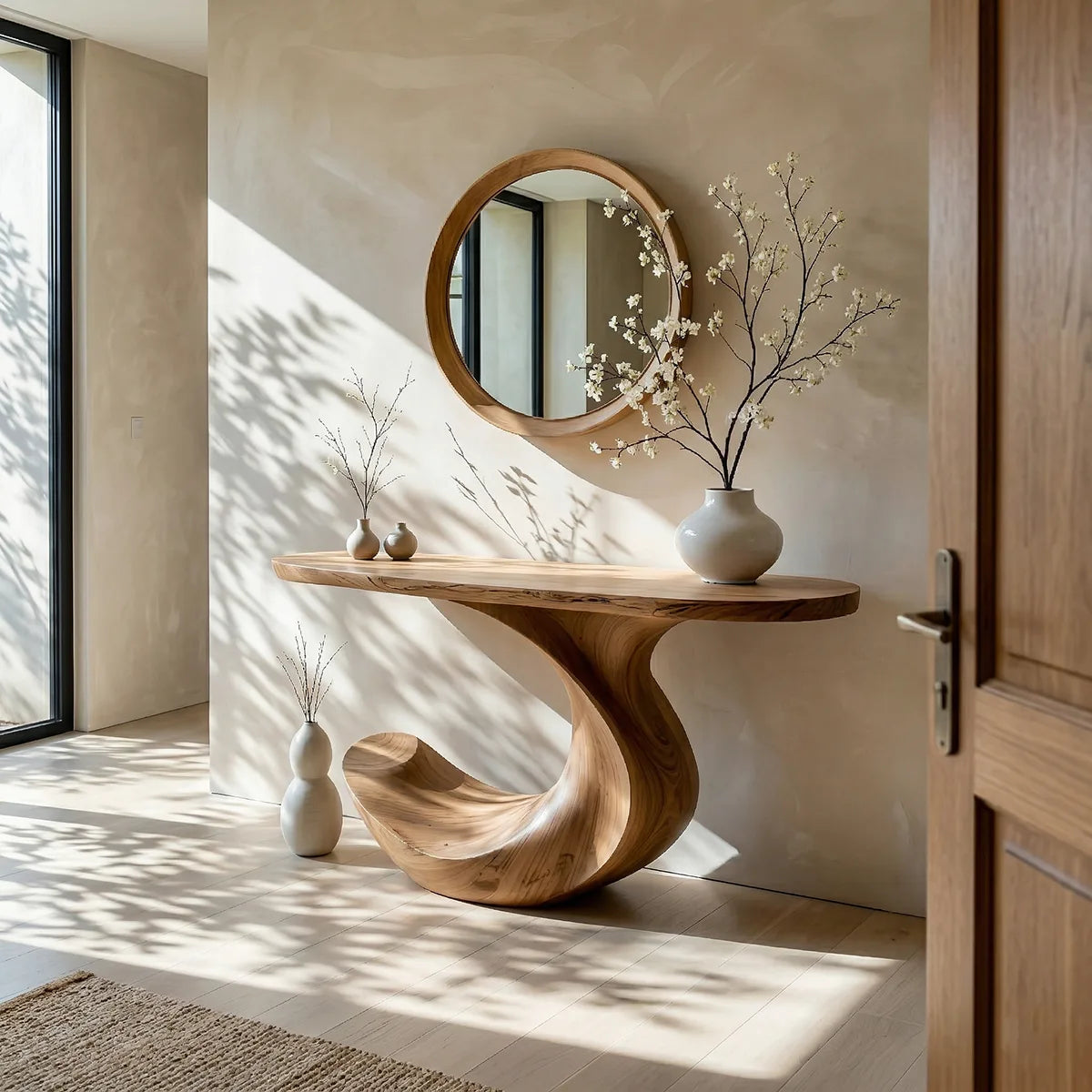Sculptural Solid Wood Console Table with Flowing Wave Base