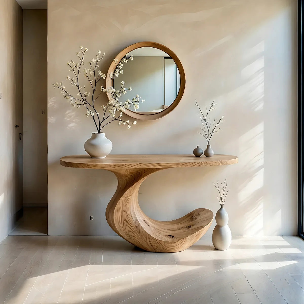 Sculptural Solid Wood Console Table with Flowing Wave Base