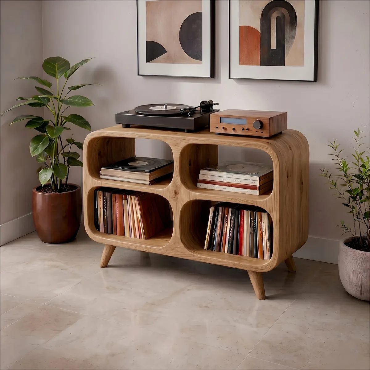 Mid-Century Modern Curved Wooden Media Console Base, Record Player Stands