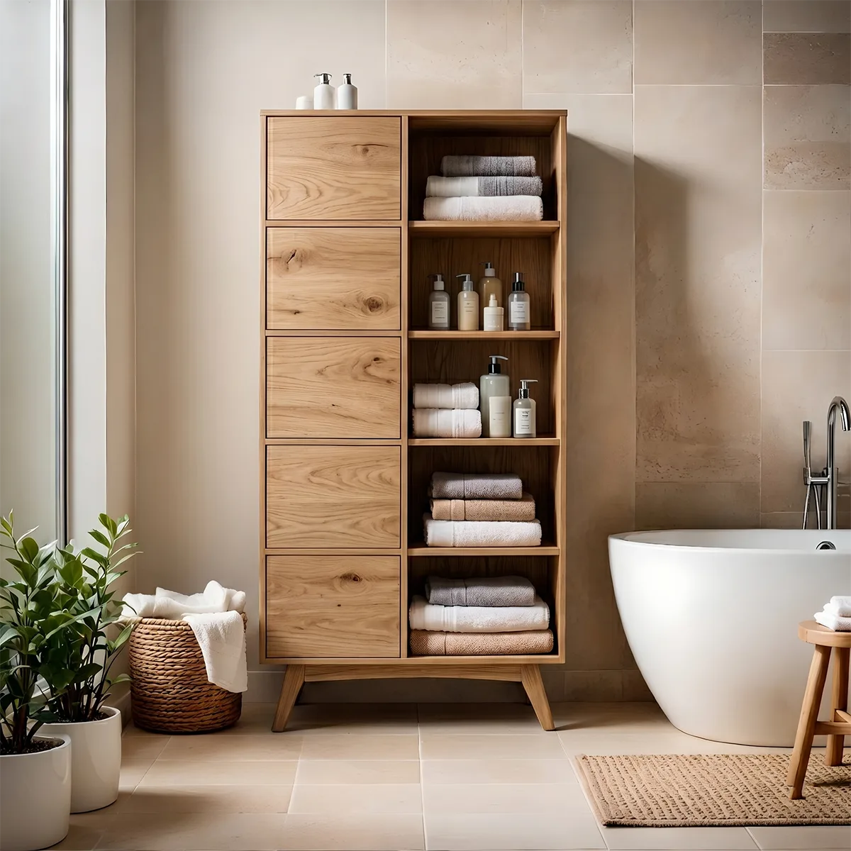Solid Wood Bathroom Linen Storage Cabinet