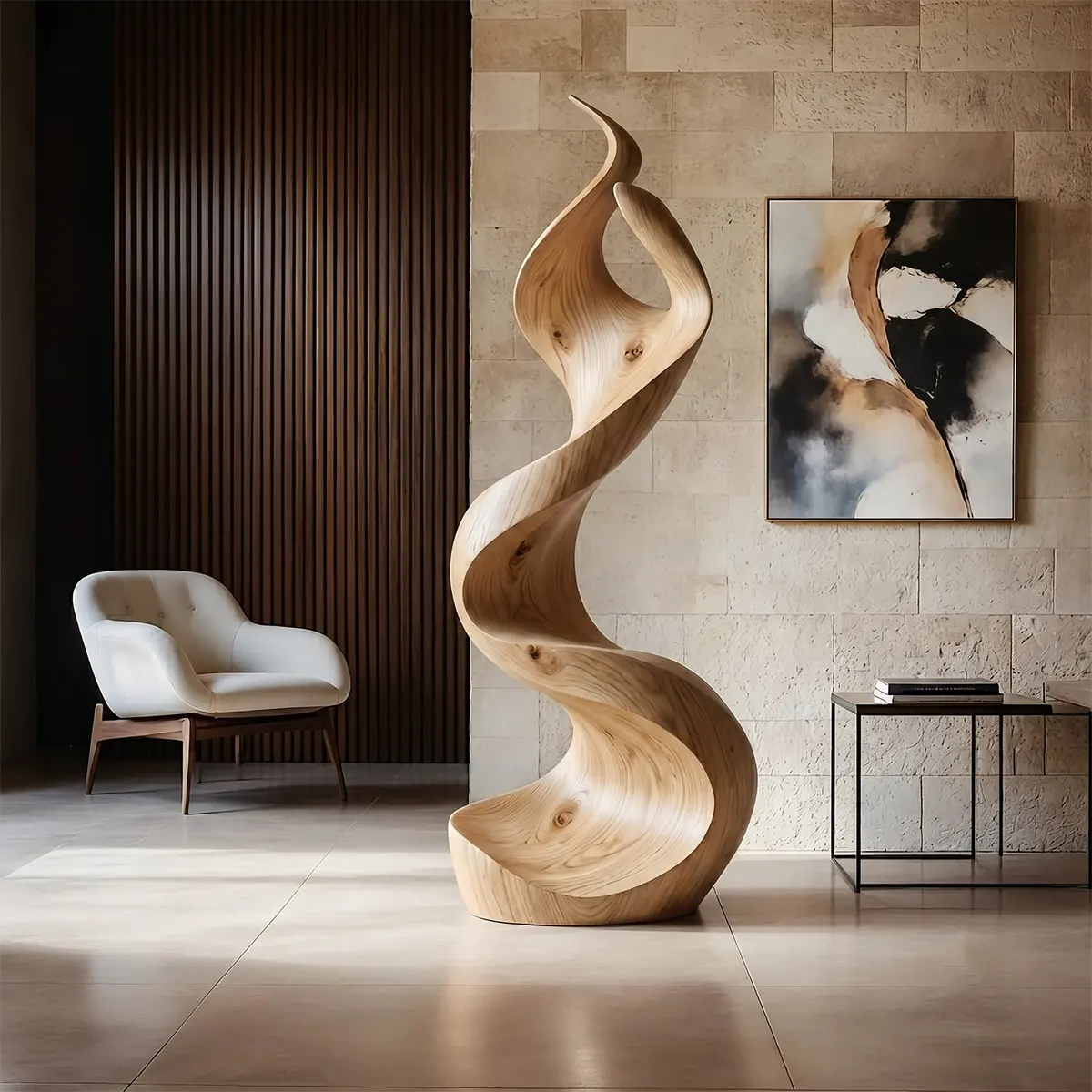 Handcrafted Solid Wood Ribbon Floor Sculpture – Modern Organic Statement Art TT006-2239
