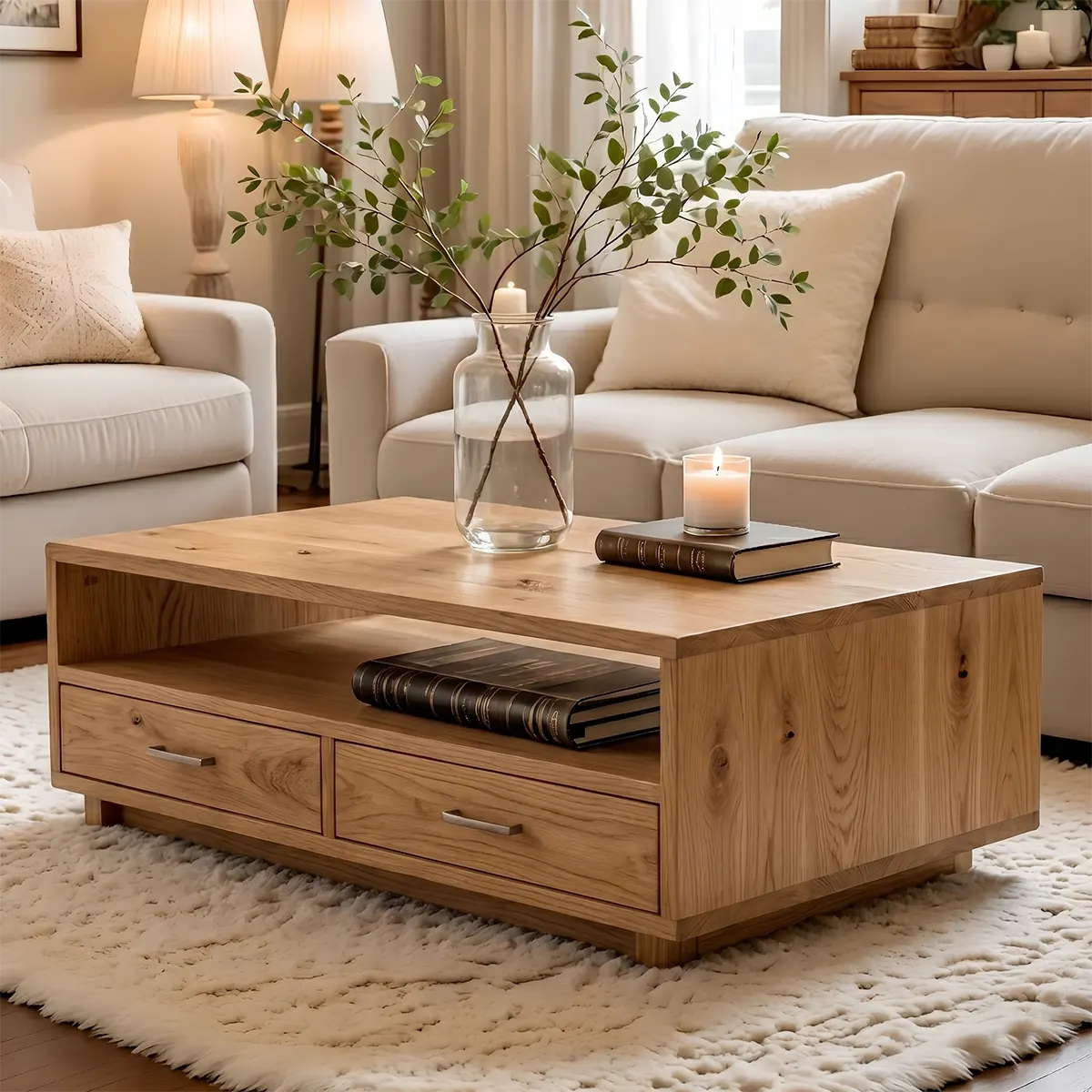 Modern Wood Coffee Table with Storage Drawers and Open Shelf