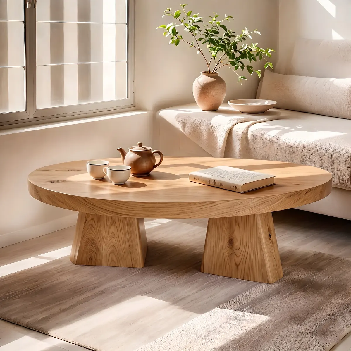 Round Solid Wood Coffee Table | Modern Hardwood Cocktail Table with Sculptural Pedestal Base TT006-5916