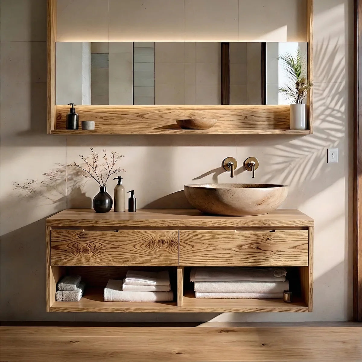 Floating Solid Wood Bathroom Vanity with 2 Drawers and Open Shelf