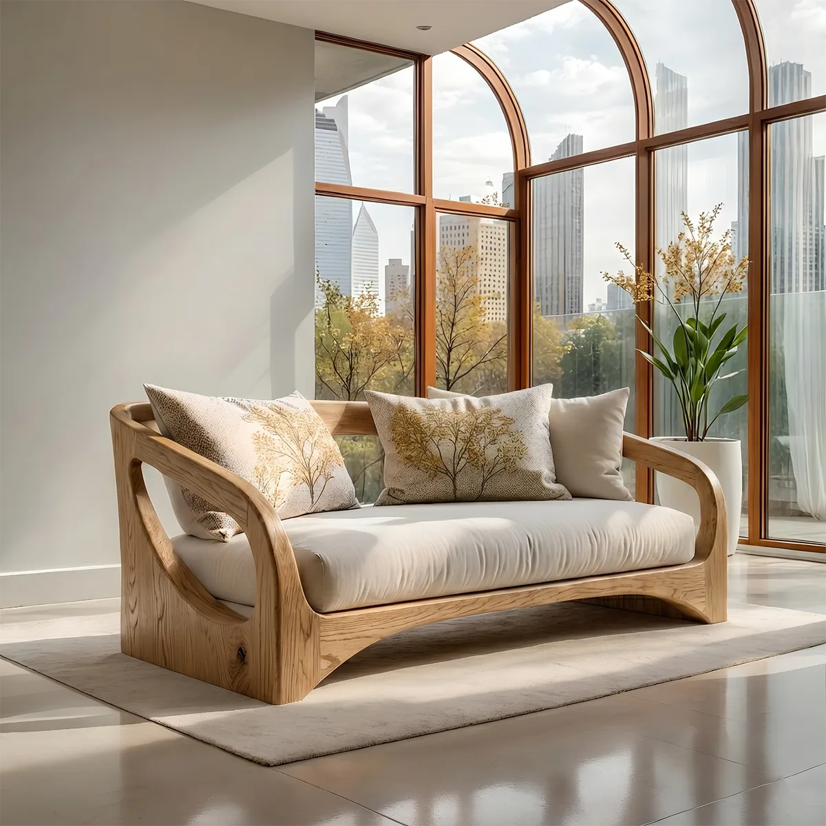 Handcrafted Organic Modern Solid Wood Loveseat Sofa with Sculptural Frame
