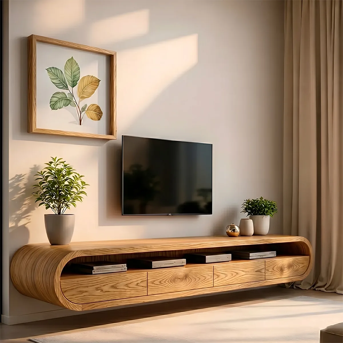 Modern Solid Wood Floating TV Stand with Rounded Edges