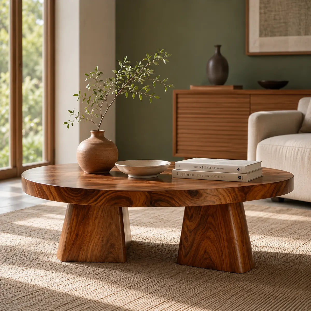 Round Solid Wood Coffee Table | Modern Hardwood Cocktail Table with Sculptural Pedestal Base TT006-5916