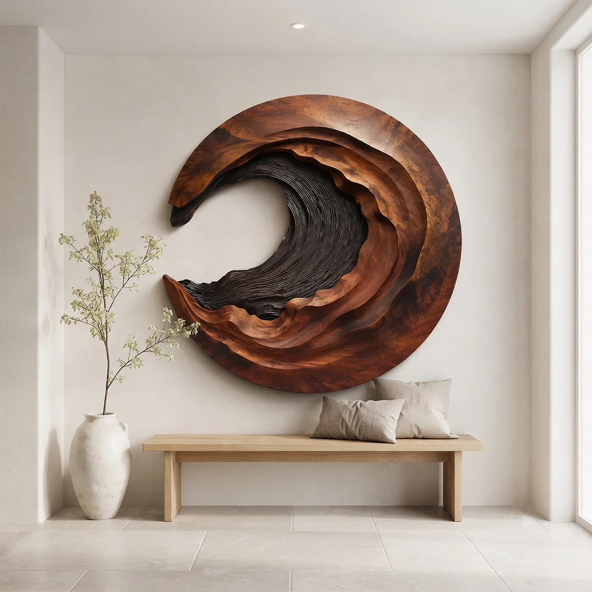 Abstract Wave Wood Wall Art | Large Round Sculptural Wooden Wall Decor TT006-1868