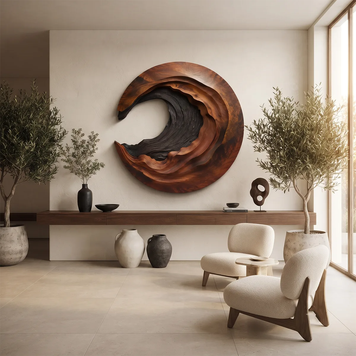 Abstract Wave Wood Wall Art | Large Round Sculptural Wooden Wall Decor TT006-1868