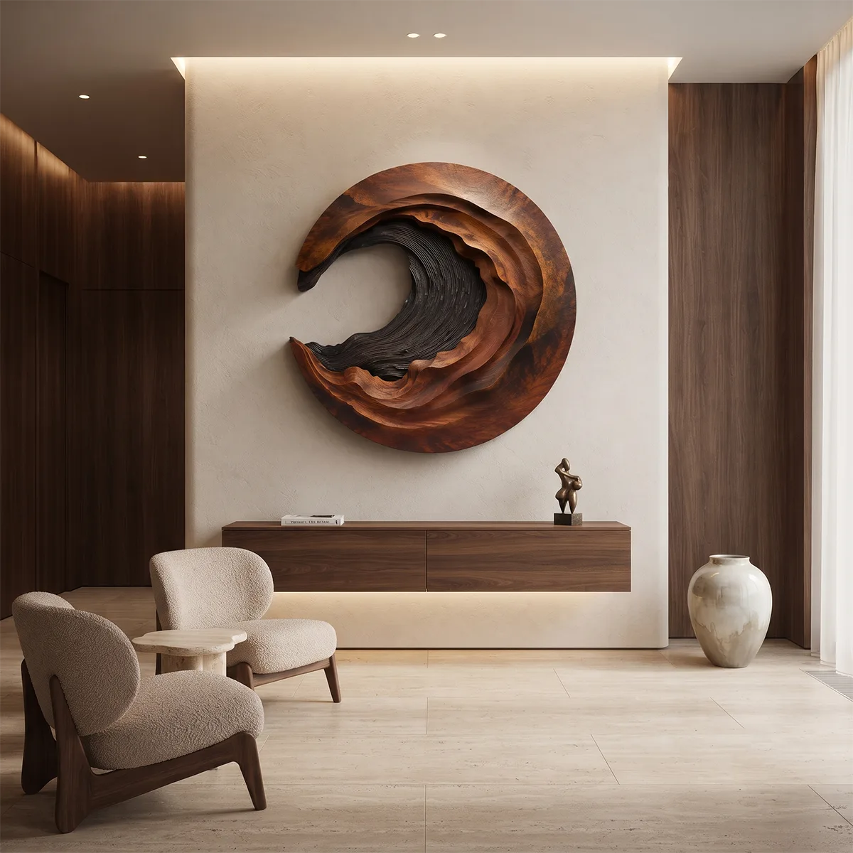 Abstract Wave Wood Wall Art | Large Round Sculptural Wooden Wall Decor TT006-1868