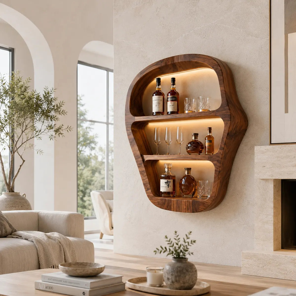 Sculptural Solid Wood Wall Wine Holder for Home Bars, Dining Rooms & Whiskey Lovers TT006-3455