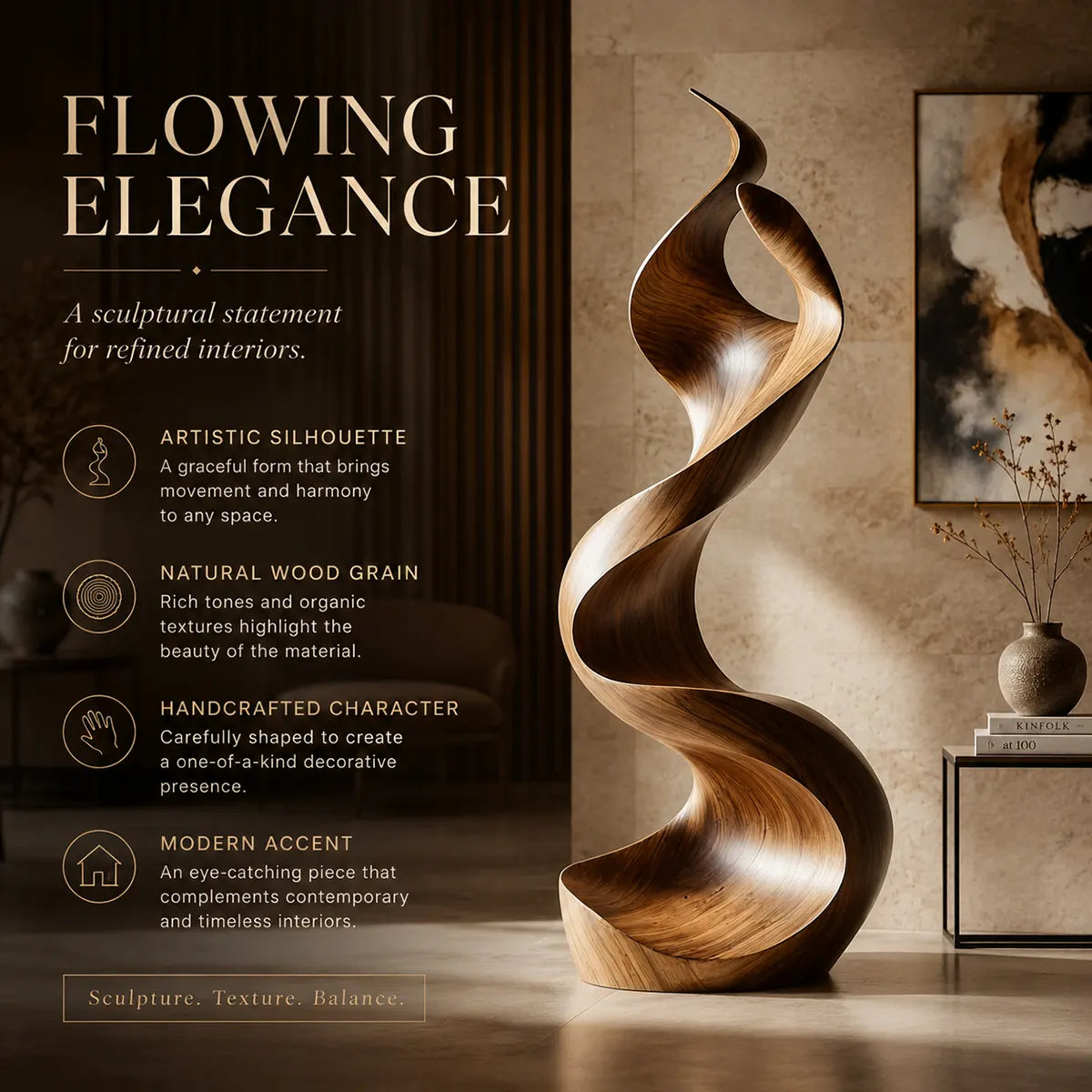 Handcrafted Solid Wood Ribbon Floor Sculpture – Modern Organic Statement Art TT006-2239