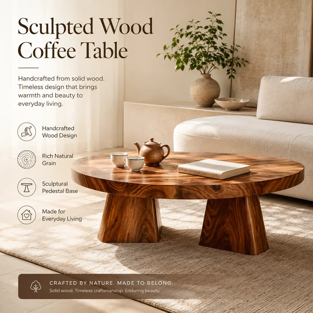 Round Solid Wood Coffee Table | Modern Hardwood Cocktail Table with Sculptural Pedestal Base TT006-5916
