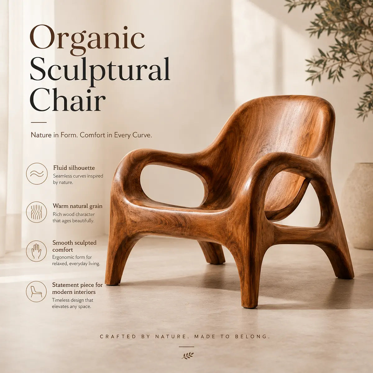 Handcrafted Organic Wood Lounge Chair with Sculptural Curved Frame TT006-3380