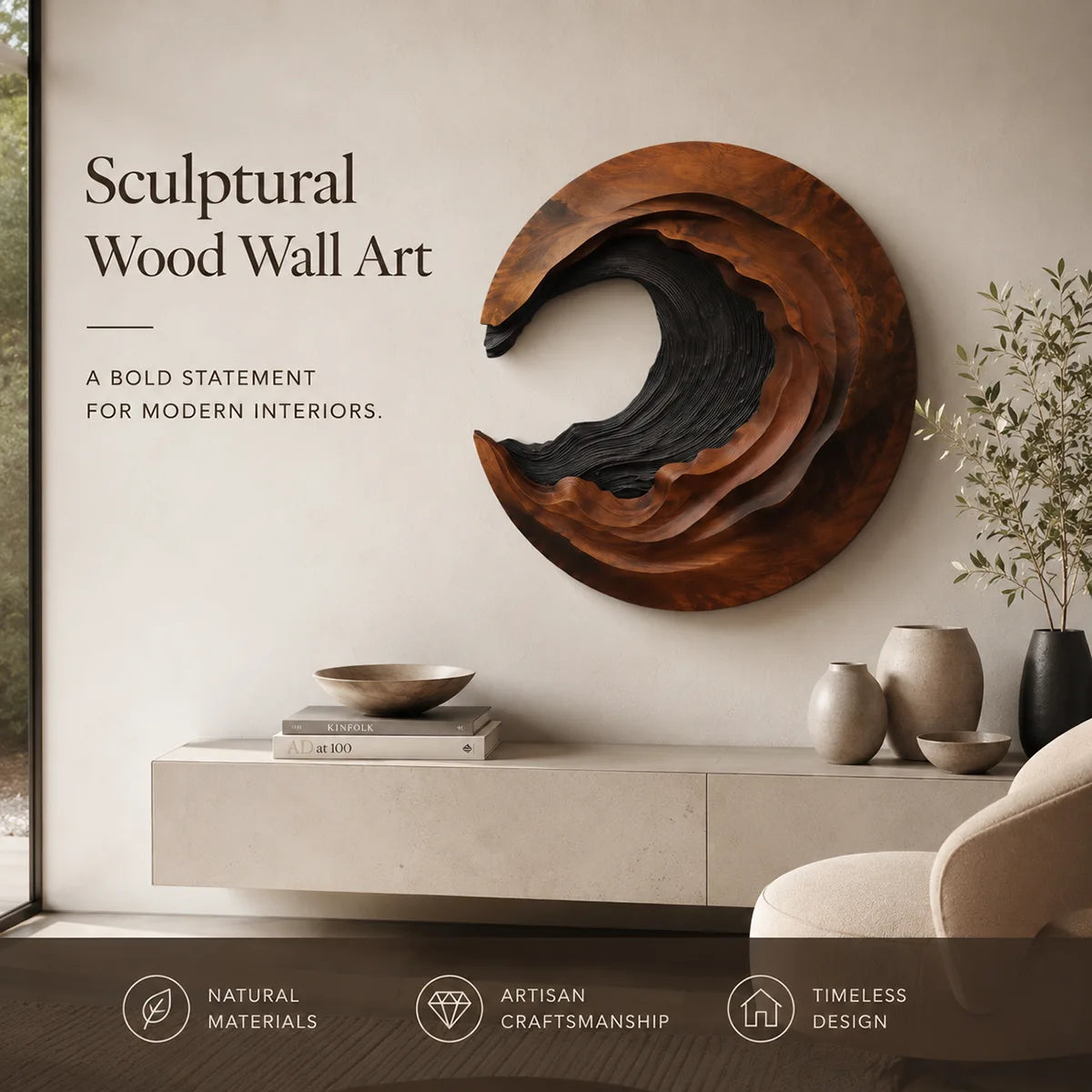 Abstract Wave Wood Wall Art | Large Round Sculptural Wooden Wall Decor TT006-1868