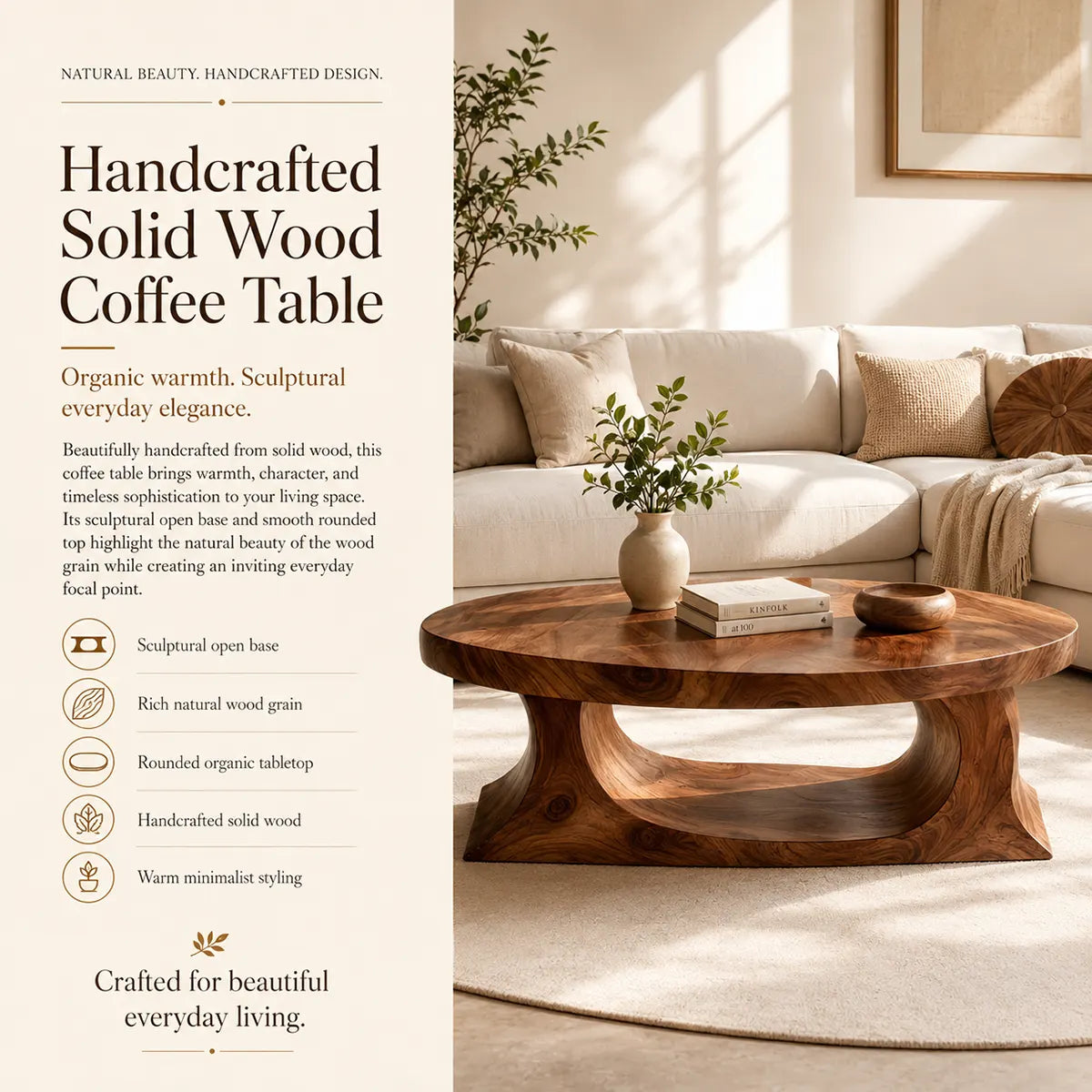 Oval Wood Coffee Table, Sculptural Coffee Table, Organic Modern Living Room Furniture TT006-4205