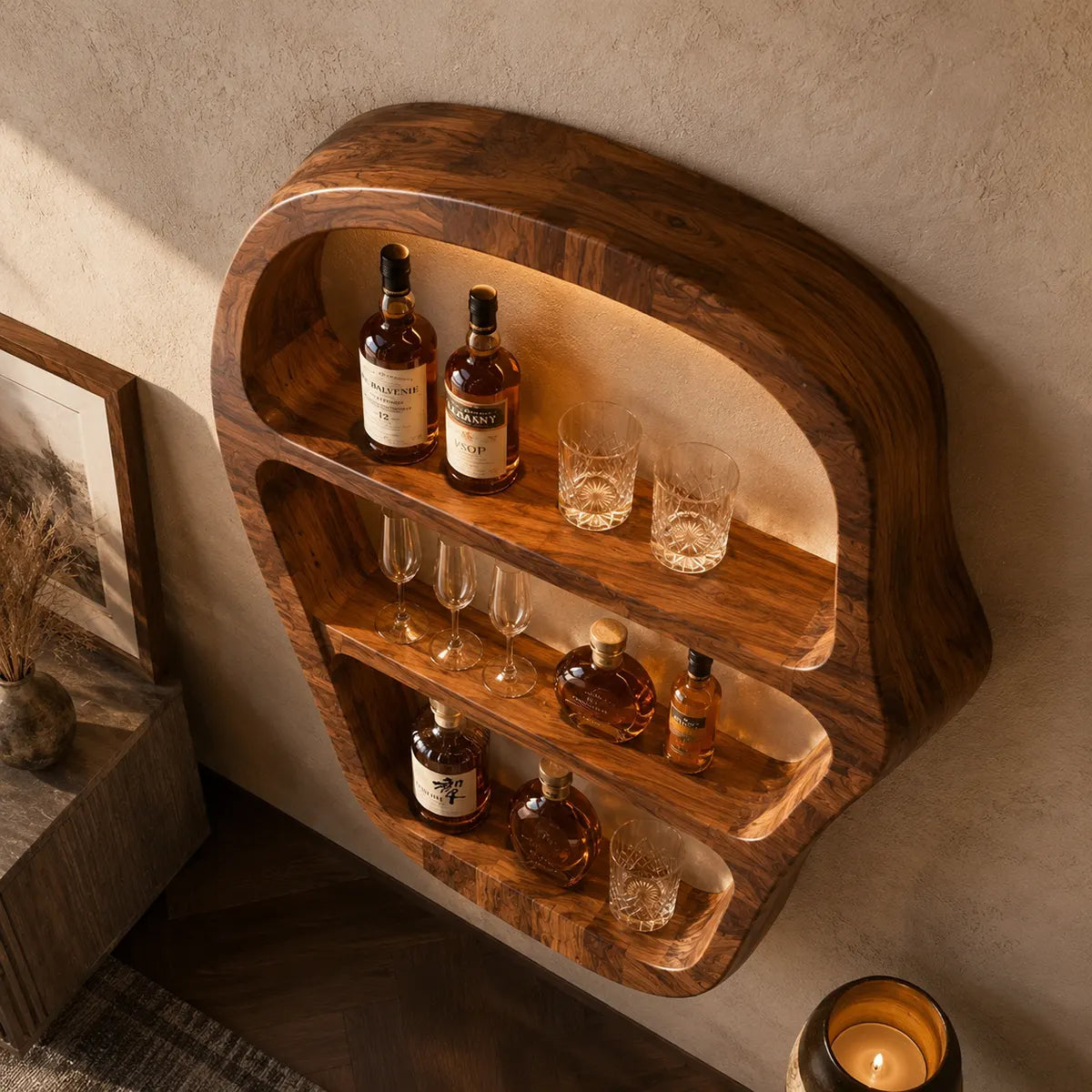 Sculptural Solid Wood Wall Wine Holder for Home Bars, Dining Rooms & Whiskey Lovers TT006-3455