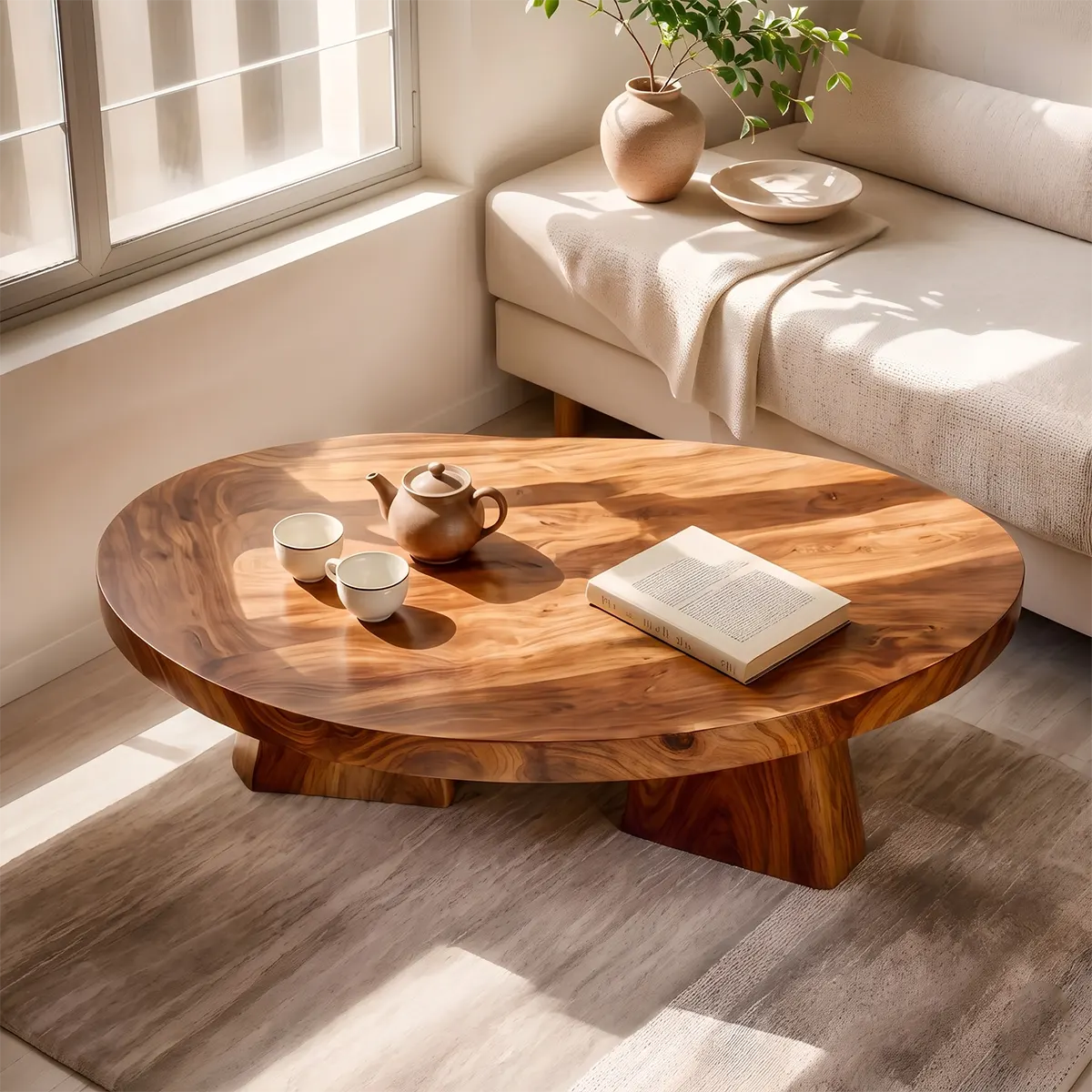 Round Solid Wood Coffee Table | Modern Hardwood Cocktail Table with Sculptural Pedestal Base TT006-5916