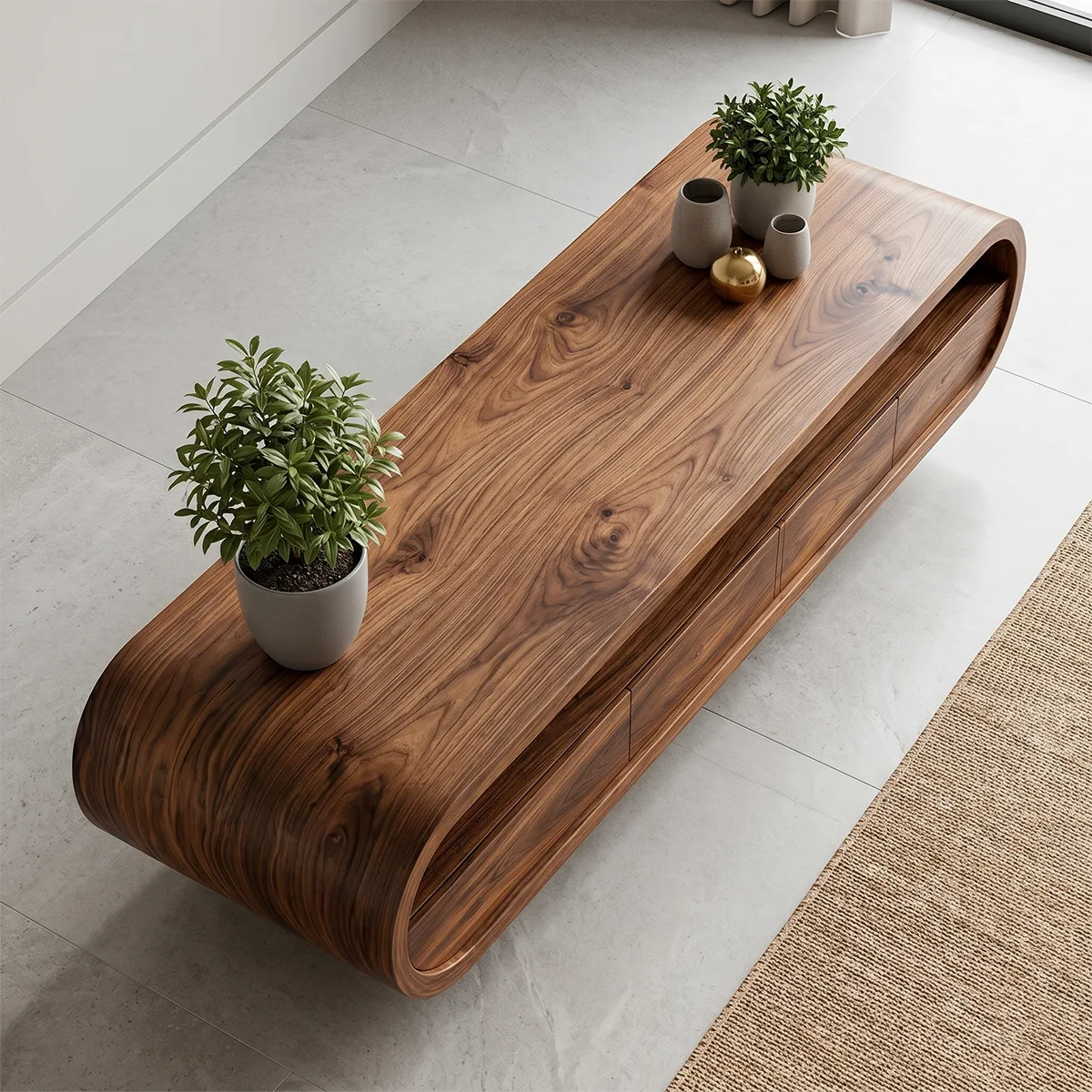 Modern Solid Wood Floating TV Stand with Rounded Edges