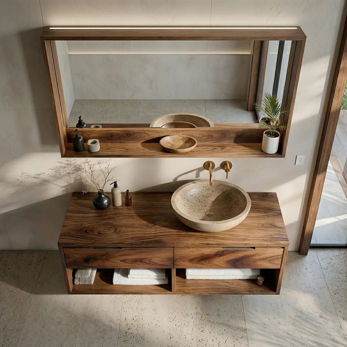 Floating Solid Wood Bathroom Vanity with 2 Drawers and Open Shelf