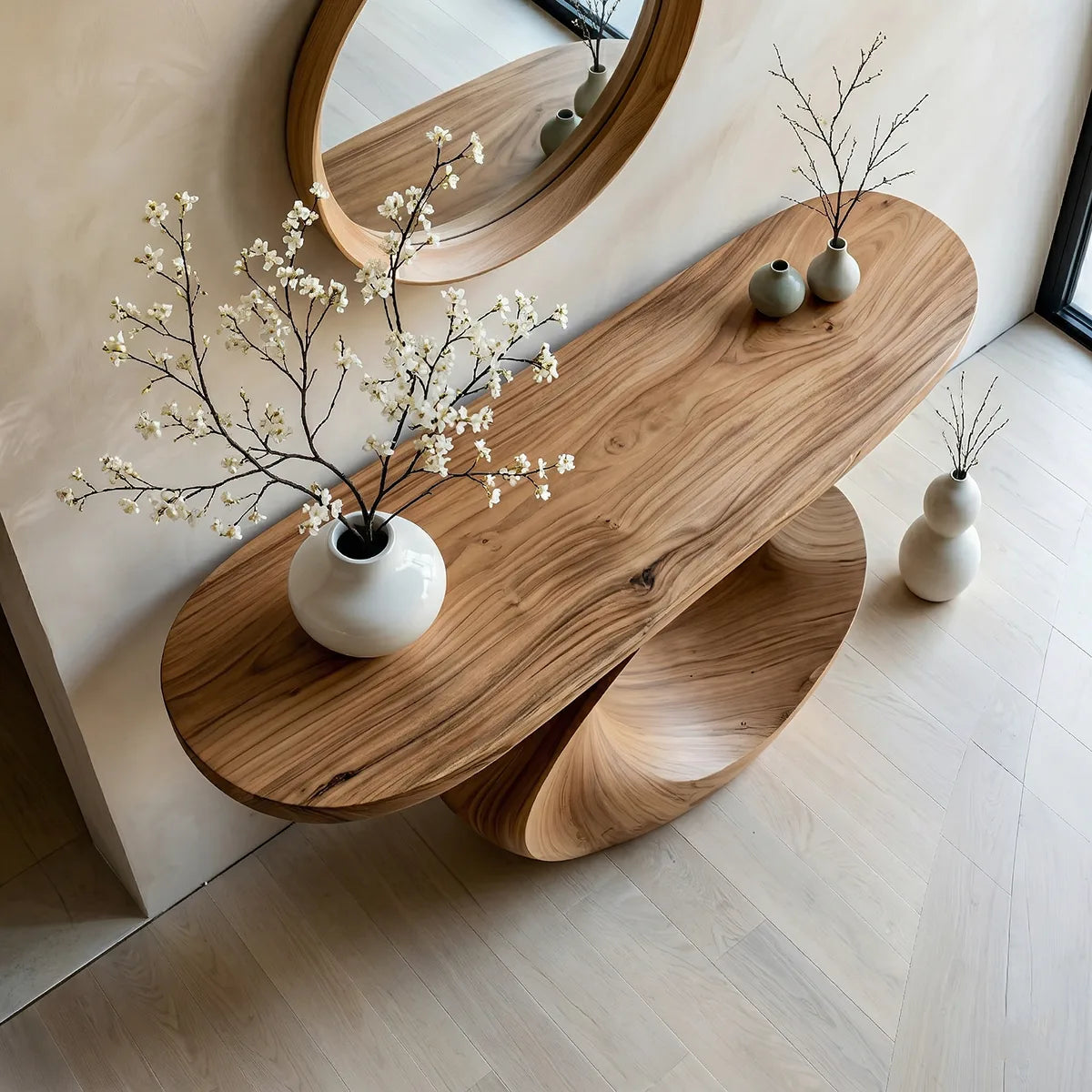 Sculptural Solid Wood Console Table with Flowing Wave Base