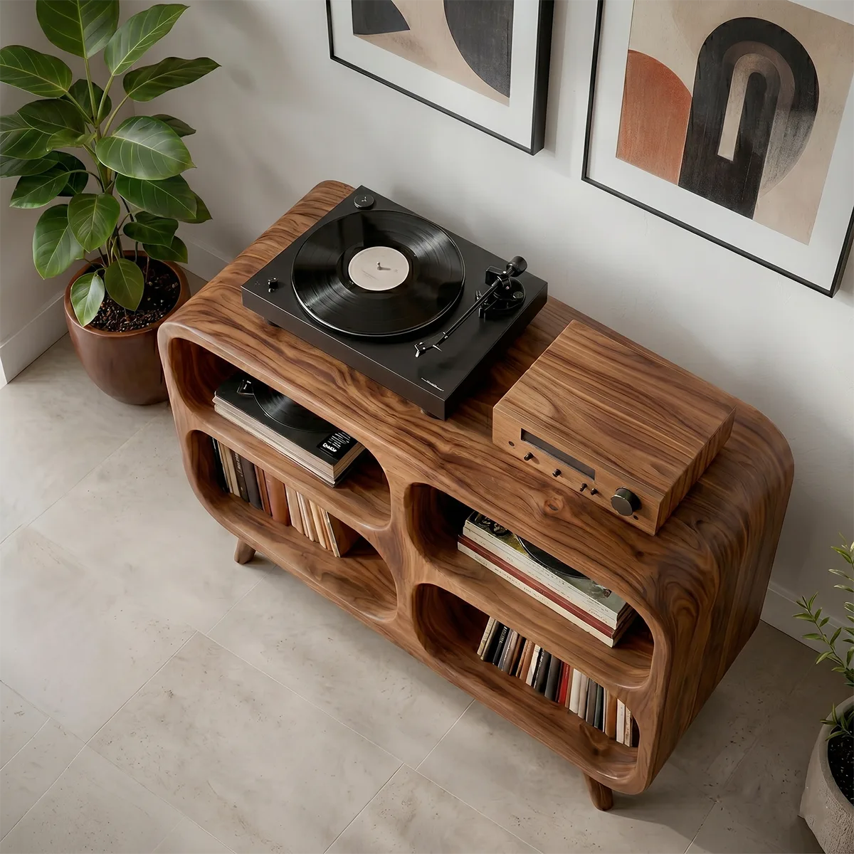 Mid-Century Modern Curved Wooden Media Console Base, Record Player Stands