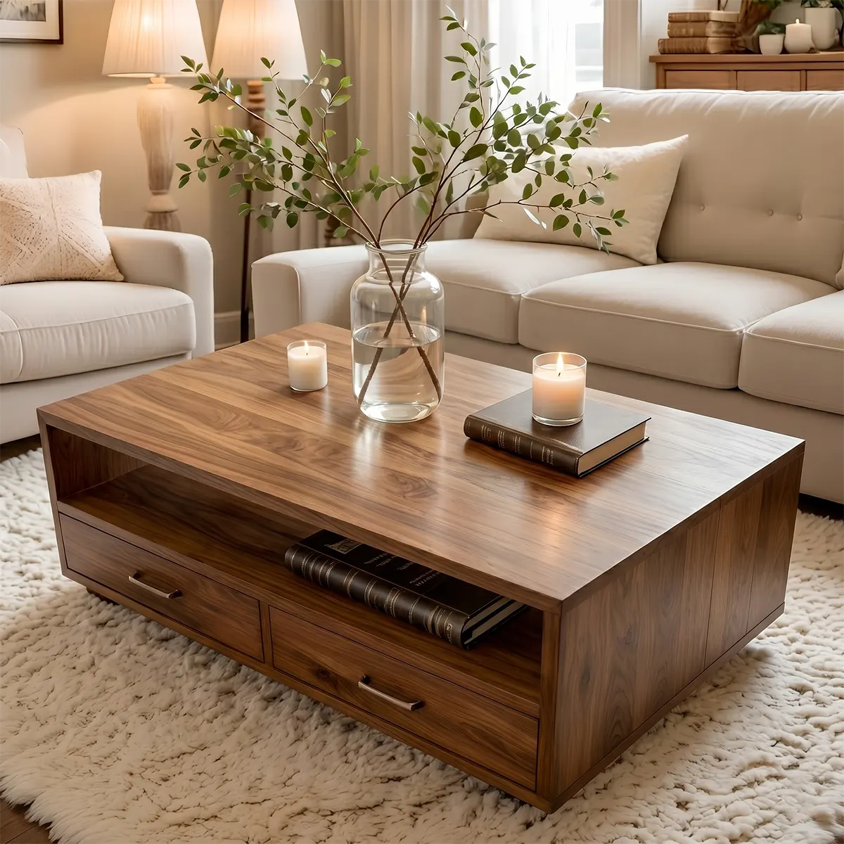 Modern Wood Coffee Table with Storage Drawers and Open Shelf