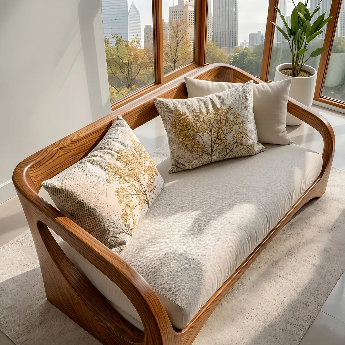 Handcrafted Organic Modern Solid Wood Loveseat Sofa with Sculptural Frame