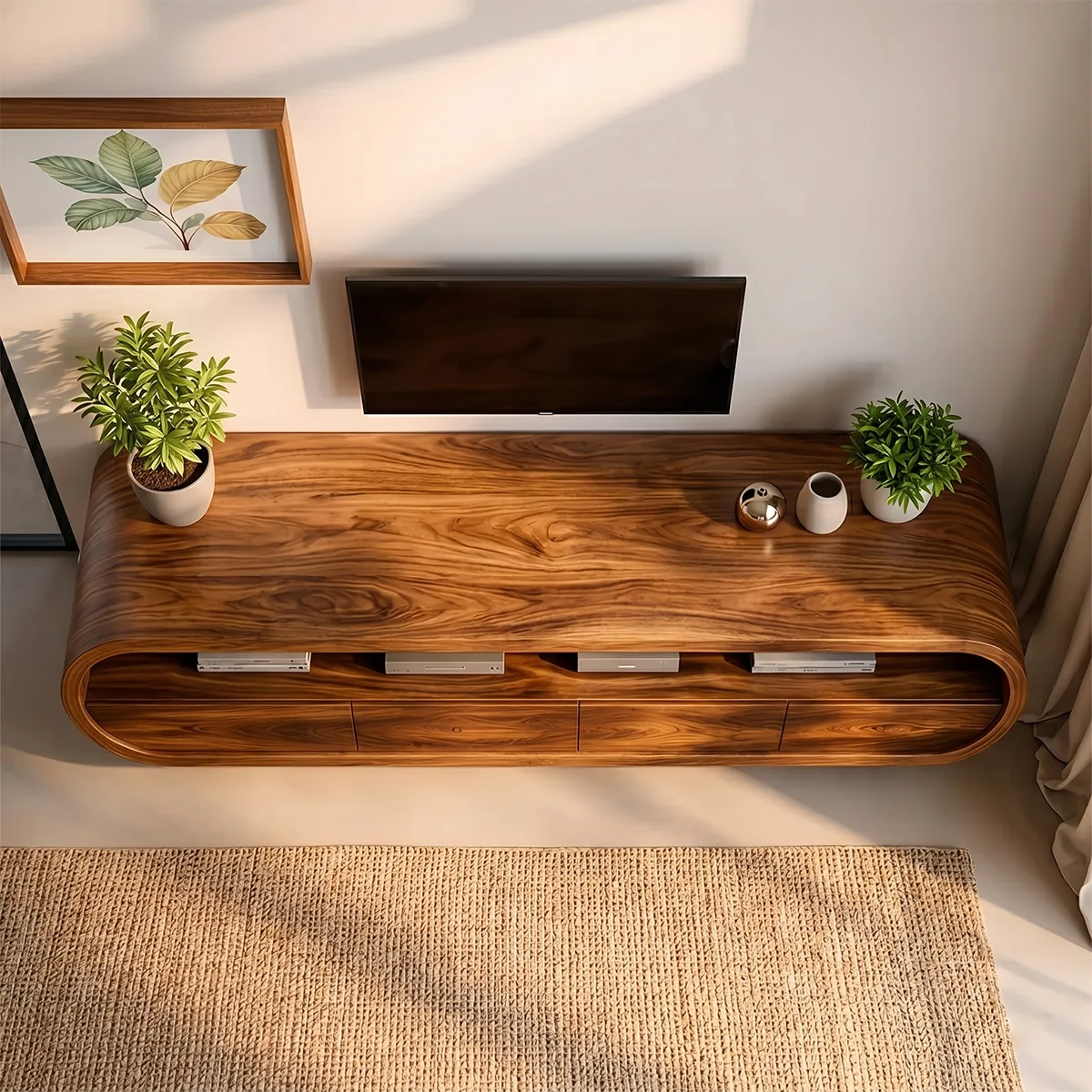 Modern Solid Wood Floating TV Stand with Rounded Edges