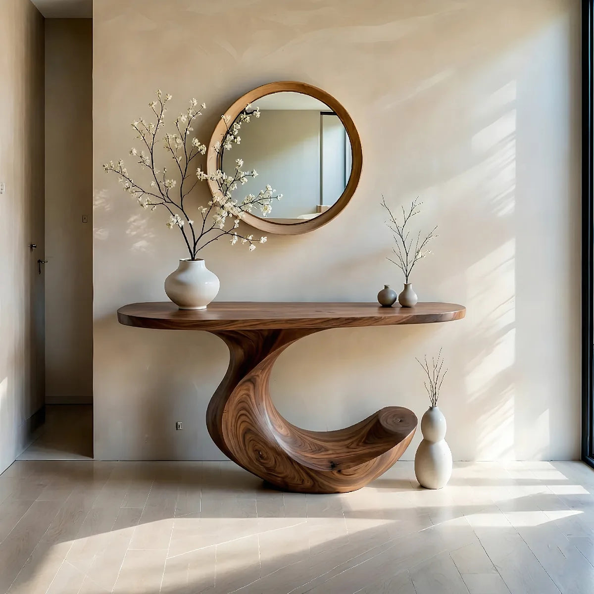 Sculptural Solid Wood Console Table with Flowing Wave Base