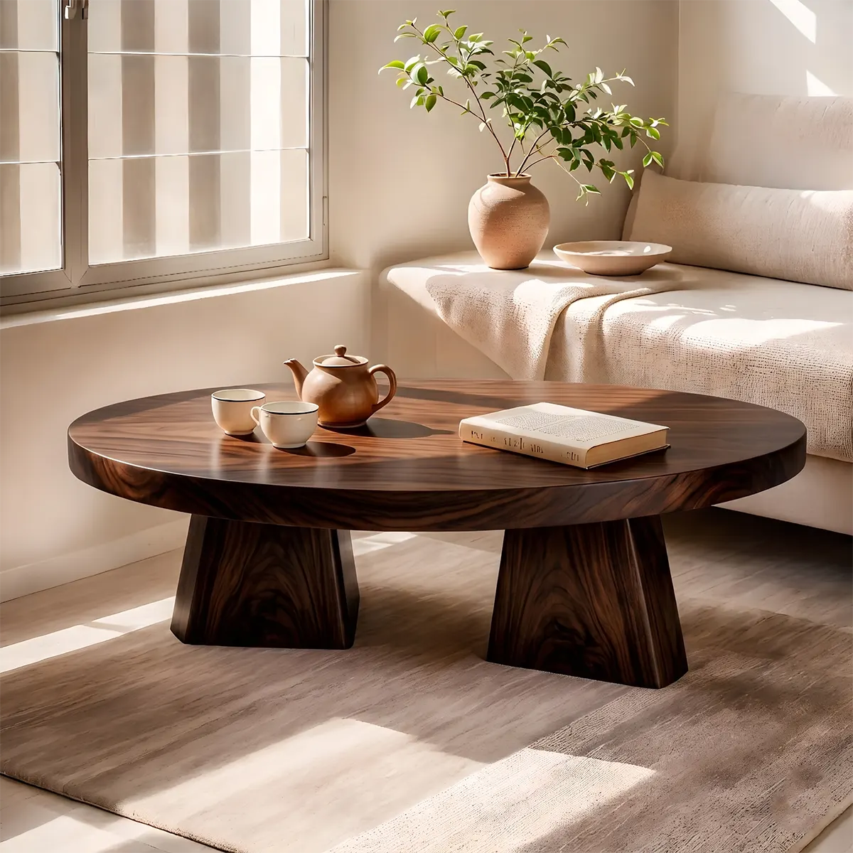 Round Solid Wood Coffee Table | Modern Hardwood Cocktail Table with Sculptural Pedestal Base TT006-5916