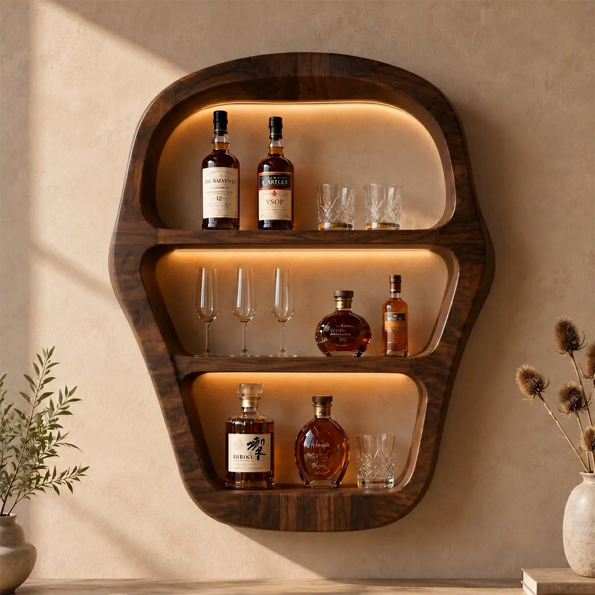 Sculptural Solid Wood Wall Wine Holder for Home Bars, Dining Rooms & Whiskey Lovers TT006-3455