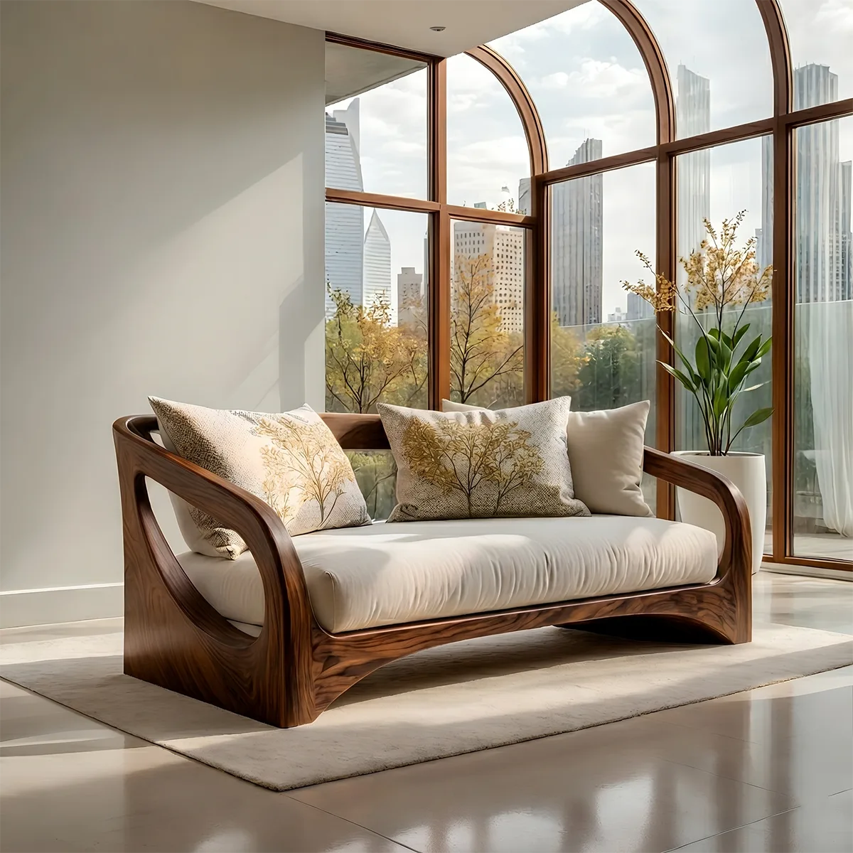 Handcrafted Organic Modern Solid Wood Loveseat Sofa with Sculptural Frame