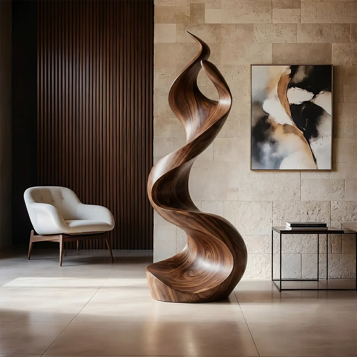 Handcrafted Solid Wood Ribbon Floor Sculpture – Modern Organic Statement Art TT006-2239
