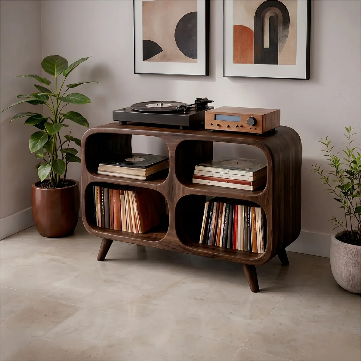 Mid-Century Modern Curved Wooden Media Console Base, Record Player Stands