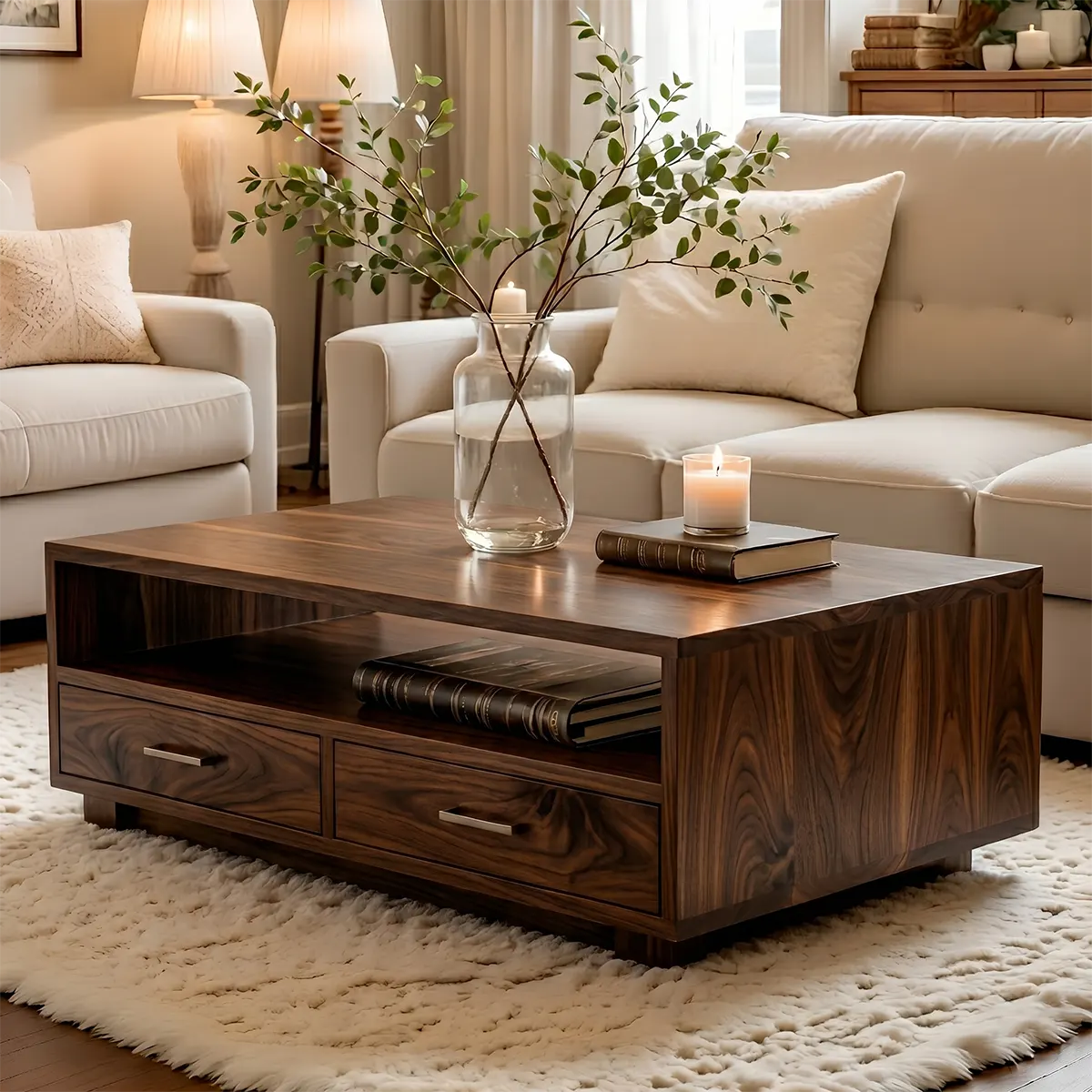 Modern Wood Coffee Table with Storage Drawers and Open Shelf