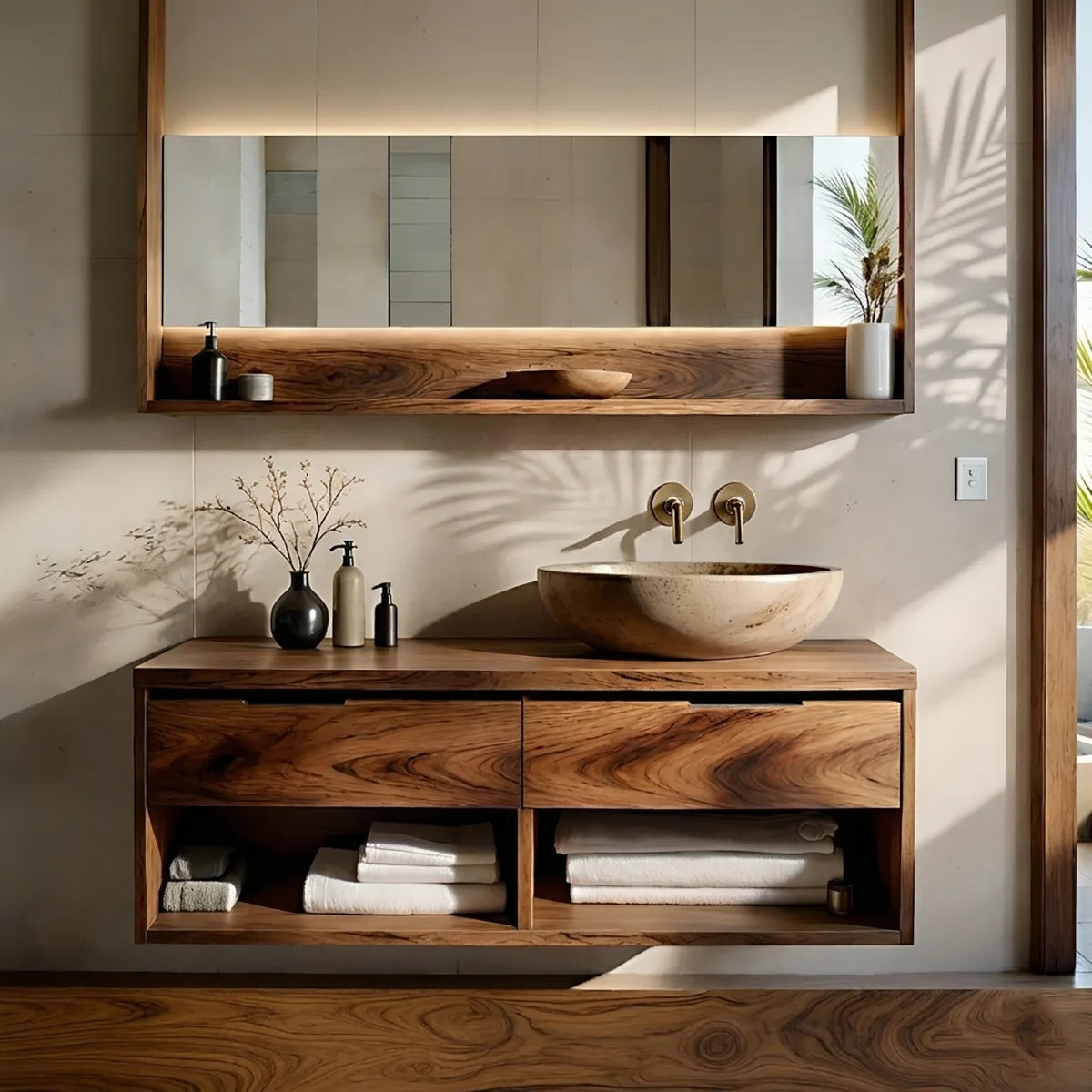 Floating Solid Wood Bathroom Vanity with 2 Drawers and Open Shelf