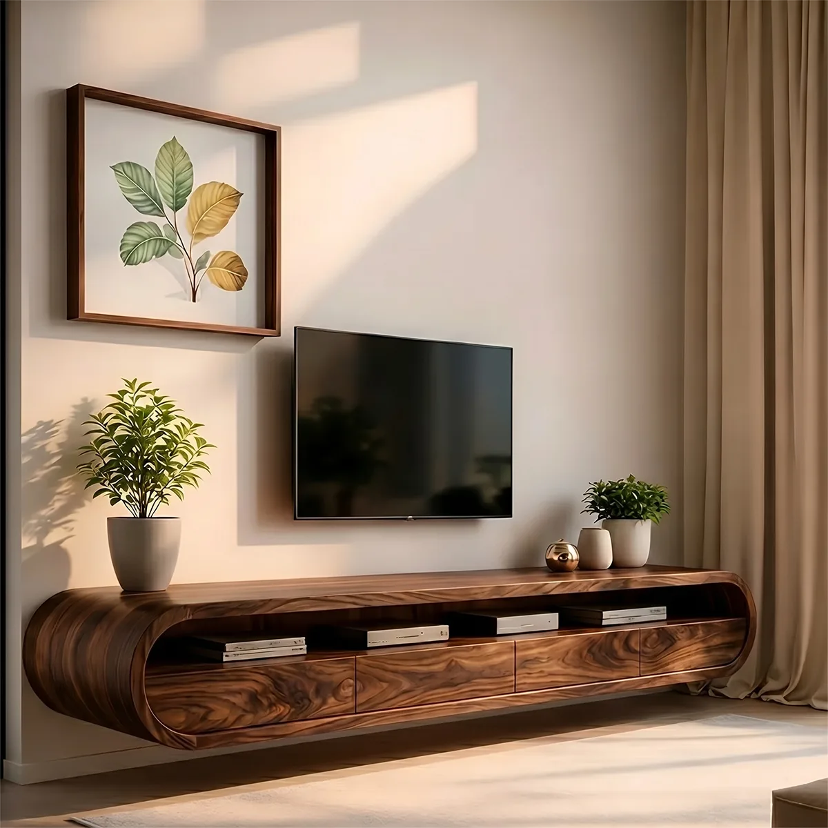 Modern Solid Wood Floating TV Stand with Rounded Edges