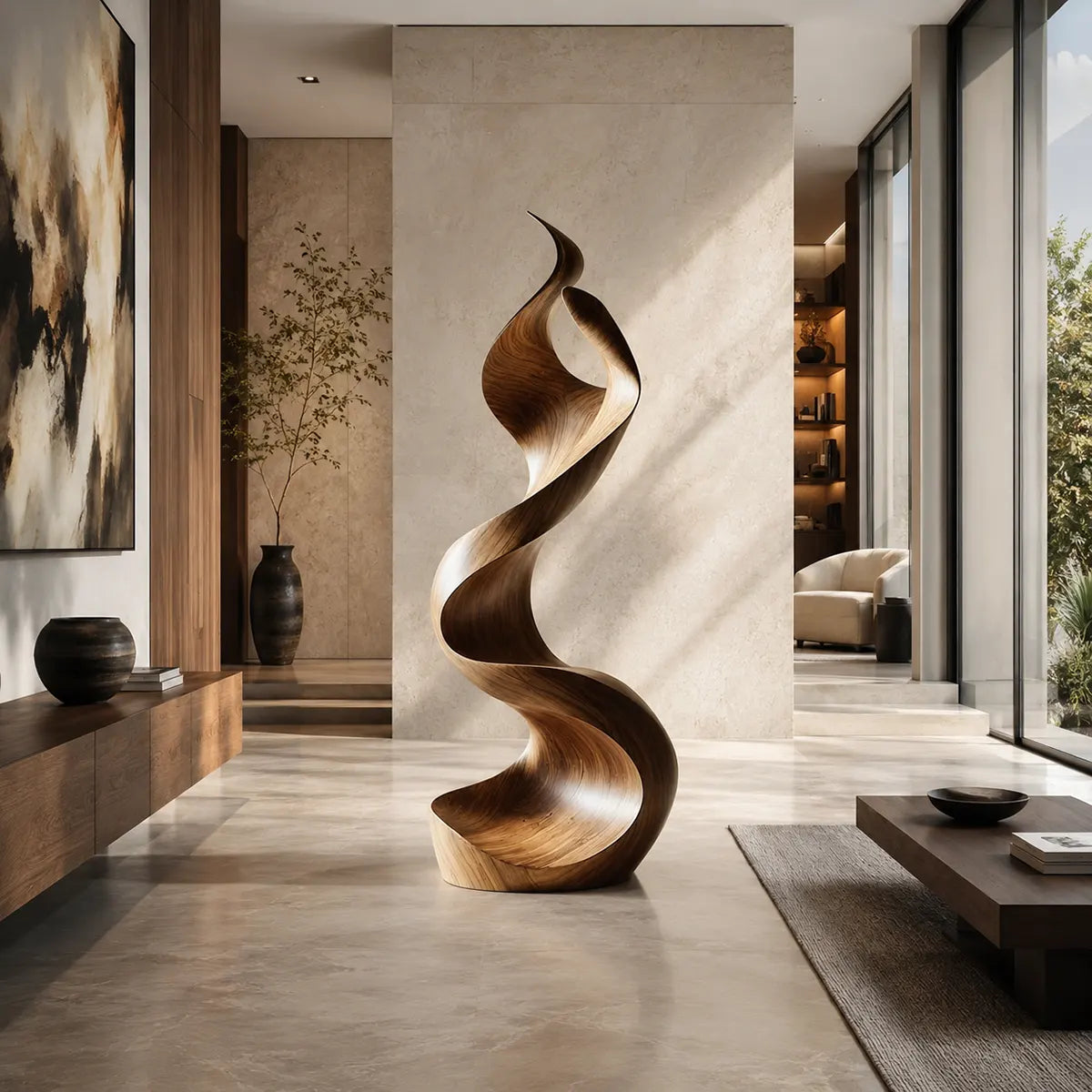 Handcrafted Solid Wood Ribbon Floor Sculpture – Modern Organic Statement Art TT006-2239